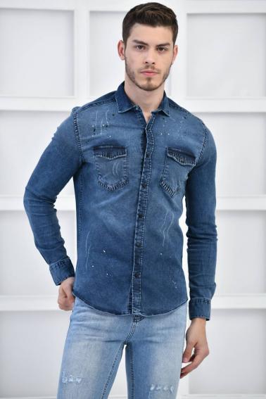 Mavi Erkek Denim Yıkamalı Taşlamalı Cepli Slim Fit Gömlek F6155