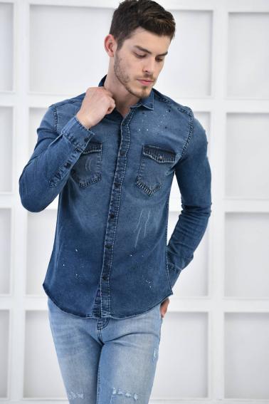 Mavi Erkek Denim Yıkamalı Taşlamalı Cepli Slim Fit Gömlek F6155