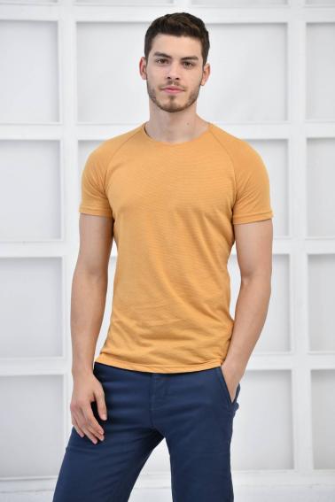 Hardal Erkek Bisiklet Yaka İnce Çizgili Likralı Slim Fit T-Shirt F5432