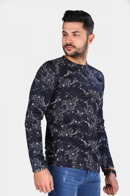 Erkek Lacivert Slim Fit  Bisiklet Yaka Desenli Uzun Kol Sweatshirt F241