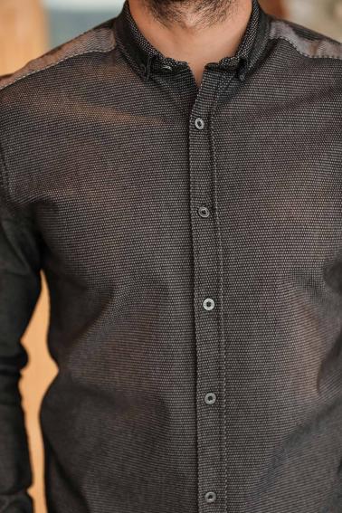 Erkek Siyah Denim Kol Şerit Detaylı Düğmeli Gömlek F6165
