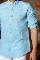Erkek Turkuaz Keten Düğmeli Yaka Slim Fit Katlanabilir Kol Gömlek F5212