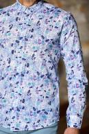 Erkek Mavi Keten Slim Fit Katlanabilir Kol Desenli Gömlek 5210