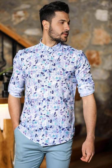 Erkek Mavi Keten Slim Fit Katlanabilir Kol Desenli Gömlek 5210