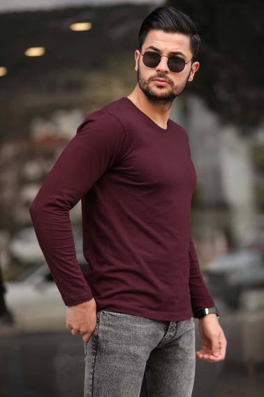 Erkek Bordo Slim Fit  Bisiklet Yaka Penye Uzun Kol T-Shirt F51549