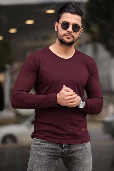 Erkek Bordo Slim Fit  Bisiklet Yaka Penye Uzun Kol T-Shirt F51549