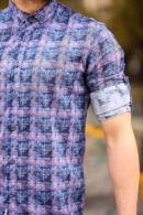 Erkek Lacivert Yaka Düğmeli Slim Fit Katlanabilir Kol Desenli Gömlek F5211