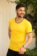 Erkek Sarı LikralıBisiklet Yaka Biyeli Modern Kesim Kısa Kollu T-Shirt F51531