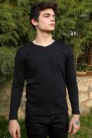 Erkek Siyah Slim Fit  V Yaka Penye Uzun Kol T-Shirt F51550