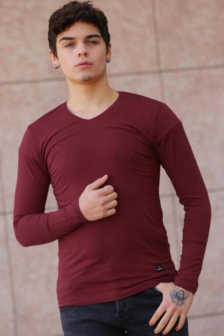 Erkek Bordo Slim Fit  V Yaka Penye Uzun Kol T-Shirt F51550