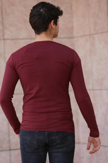 Erkek Bordo Slim Fit  V Yaka Penye Uzun Kol T-Shirt F51550