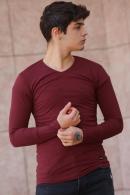 Erkek Bordo Slim Fit  V Yaka Penye Uzun Kol T-Shirt F51550