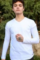 Erkek Beyaz Slim Fit  V Yaka Penye Uzun Kol T-Shirt F51550