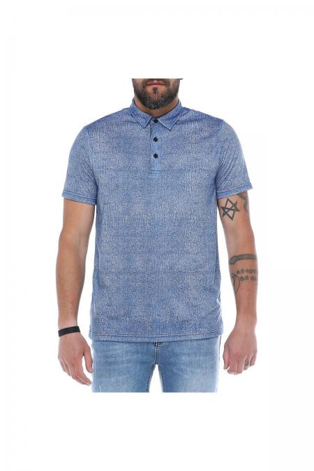 Erkek İndigo Polo Yaka Desenli Modern Kesim Polyester T-Shirt F5211