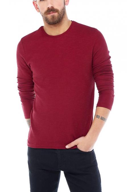 Erkek Bordo Slim Fit  Bisiklet Yaka Penye Uzun Kol T-Shirt